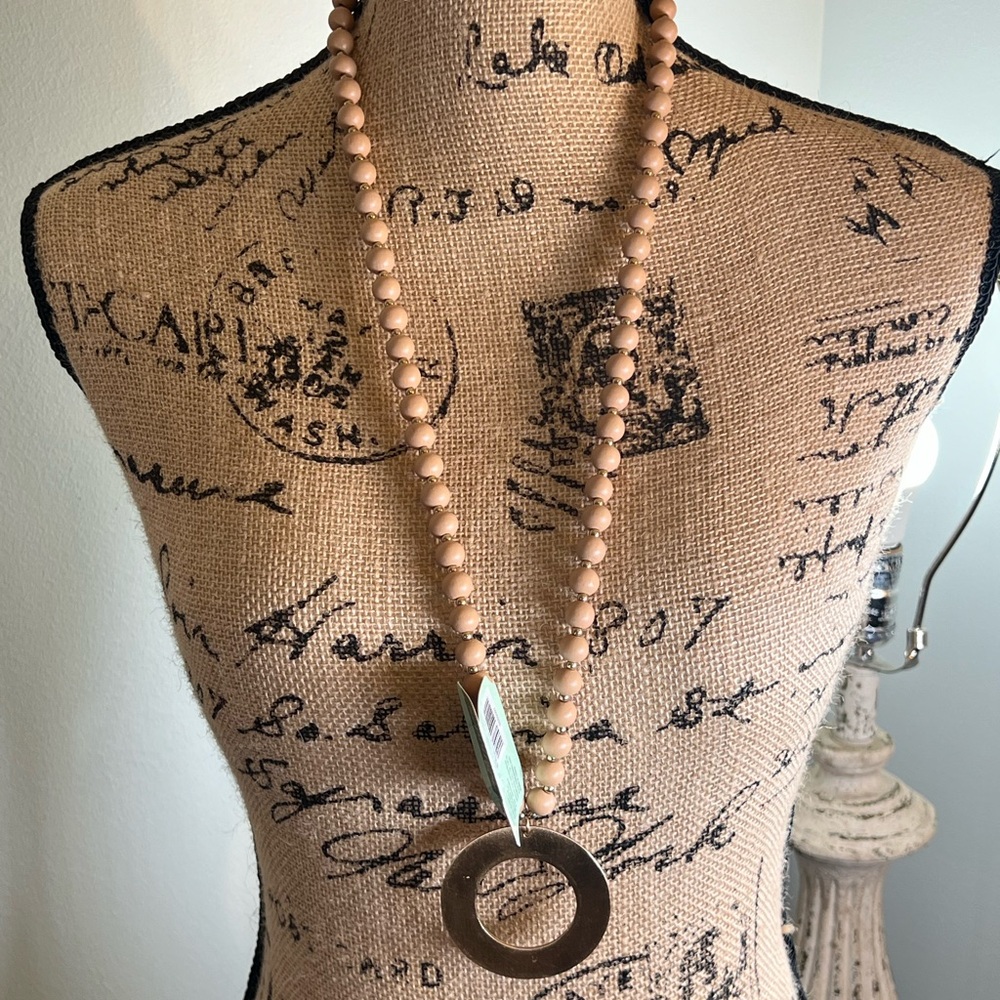 Long Wooden Bead Necklace With Gold Ring